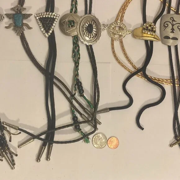Vintage Lot of 11 Metal Bolo Ties, Very Nice Different Designs, Turquoise, Cowbo